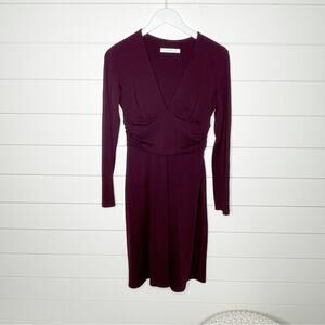 Susana Monaco Stretch Knit Gathered Waist V-Neck Dress Burgundy Merlot Size M